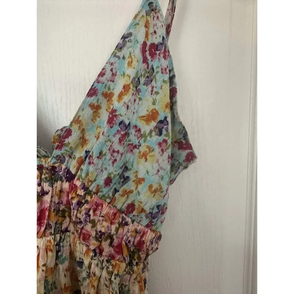 Angie Floral Tiered Mini Dress Boho Tie Back Spaghetti Strap Cottagecore Size S - Picture 4 of 9